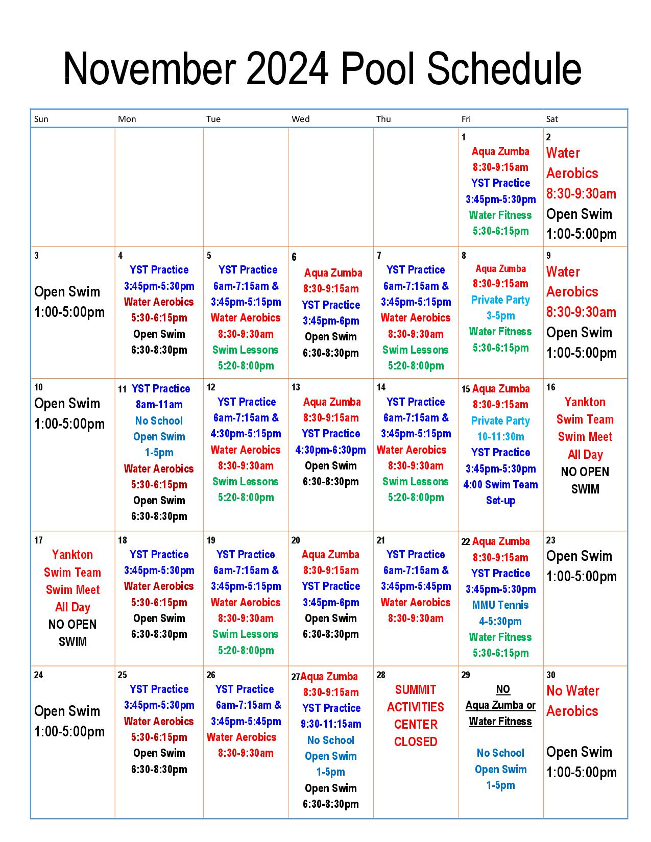 SAC Pool Schedule 